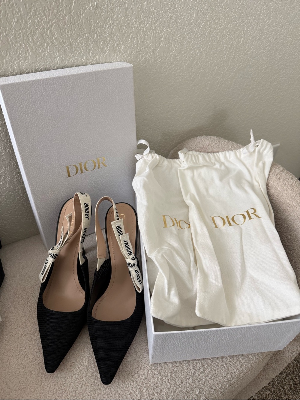 Dior Black J'Adior Pointed Slingback Pumps with Cream Logo Strap
